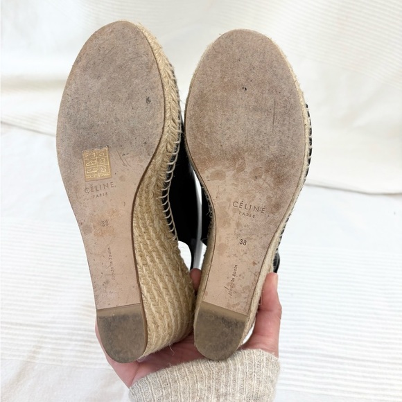 CÉLINE PARIS Black Leather Jute Espadrille Open Toe Heel Wedges EU 38 - Picture 8 of 14
